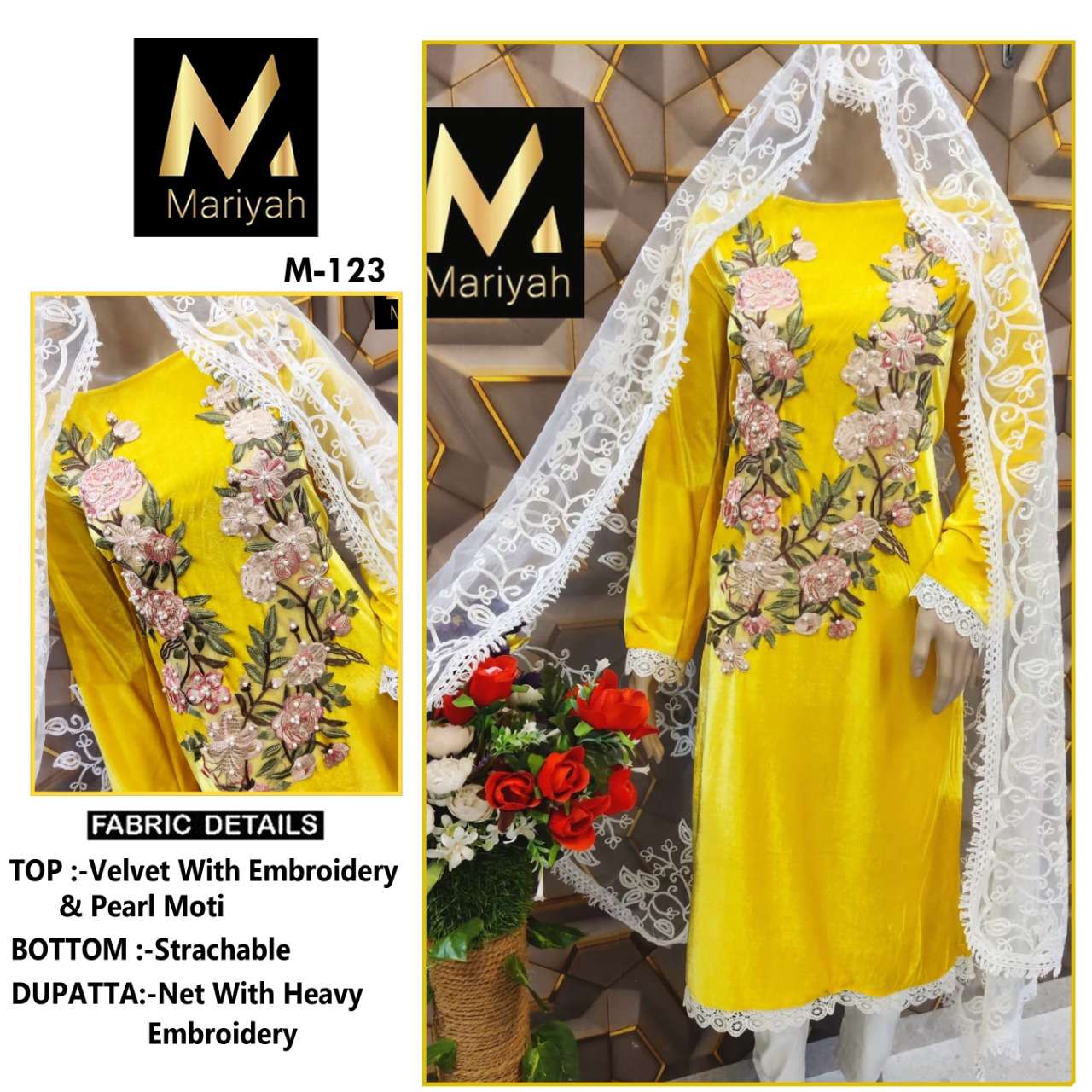MARIYAH HIT DESIGN M-123 BY MARIYAH PAKISTANI SUITS BEAUTIFUL FANCY COLORFUL STYLISH PARTY WEAR & OCCASIONAL WEAR VELVET EMBROIDERY DRESSES AT WHOLESALE PRICE