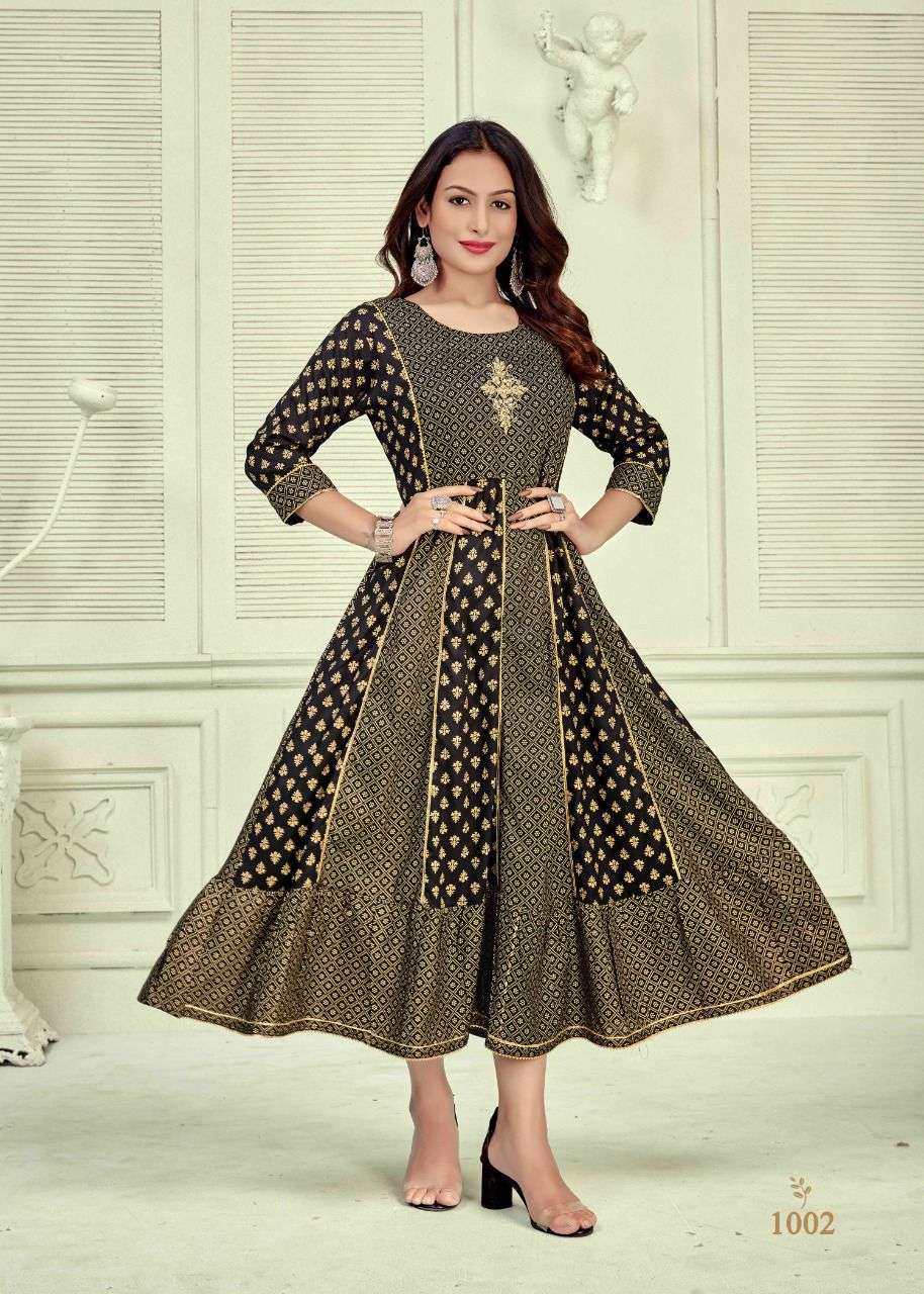 NAYANTARA VOL-18 BY BANWERY FASHION 1001 TO 1005 SERIES DESIGNER STYLISH FANCY COLORFUL BEAUTIFUL PARTY WEAR & ETHNIC WEAR COLLECTION RAYON FOIL PRINT KURTIS AT WHOLESALE PRICE