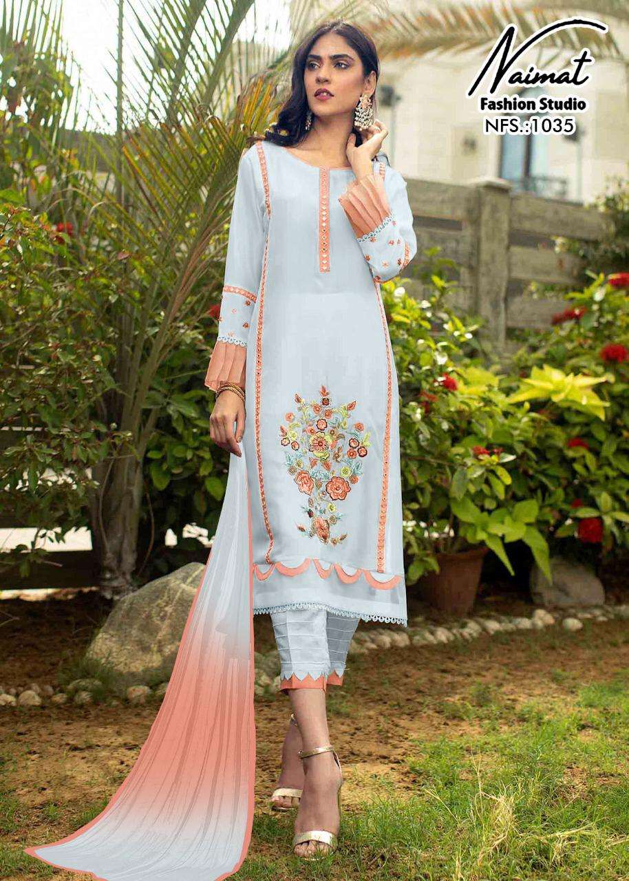 NAIMAT 1035 COLOURS BY NAIMAT FASHION STUDIO 1035-A TO 1035-C SERIES BEAUTIFUL PAKISTANI SUITS COLORFUL STYLISH FANCY CASUAL WEAR & ETHNIC WEAR PURE FAUX DRESSES AT WHOLESALE PRICE