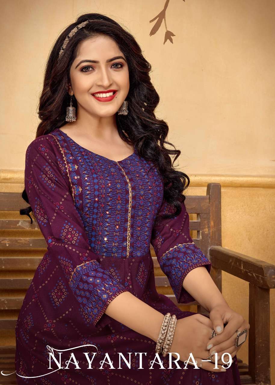 NAYANTARA VOL-19 BY BANWERY FASHION 1001 TO 1004 SERIES DESIGNER STYLISH FANCY COLORFUL BEAUTIFUL PARTY WEAR & ETHNIC WEAR COLLECTION RAYON FOIL KURTIS AT WHOLESALE PRICE