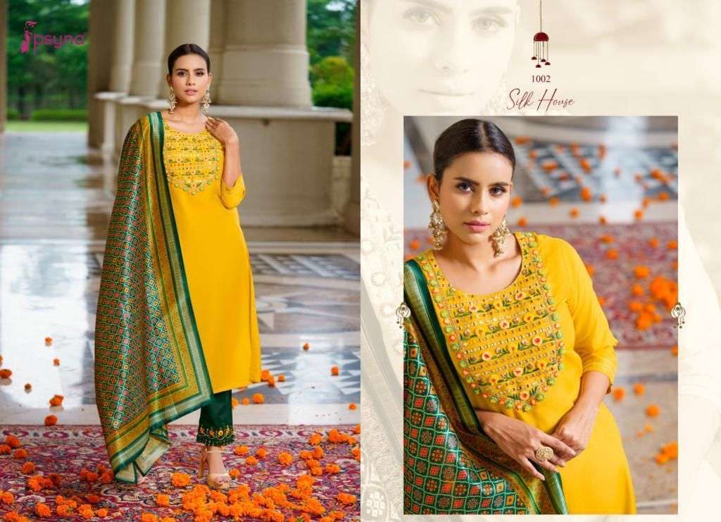 SILK HOUSE BY PSYNA 1001 TO 1006 SERIES SUITS BEAUTIFUL FANCY COLORFUL STYLISH PARTY WEAR & OCCASIONAL WEAR CHINNON SILK DRESSES AT WHOLESALE PRICE