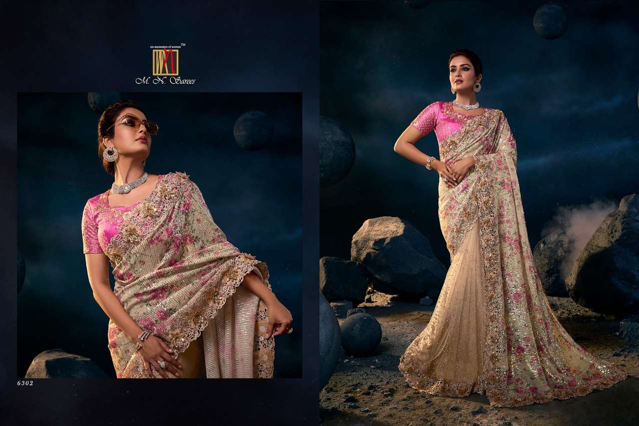 SWAROVSKI VOL-4 BY M N SAREES 6301 TO 6318 SERIES INDIAN TRADITIONAL WEAR COLLECTION BEAUTIFUL STYLISH FANCY COLORFUL PARTY WEAR & OCCASIONAL WEAR NET SAREES AT WHOLESALE PRICE