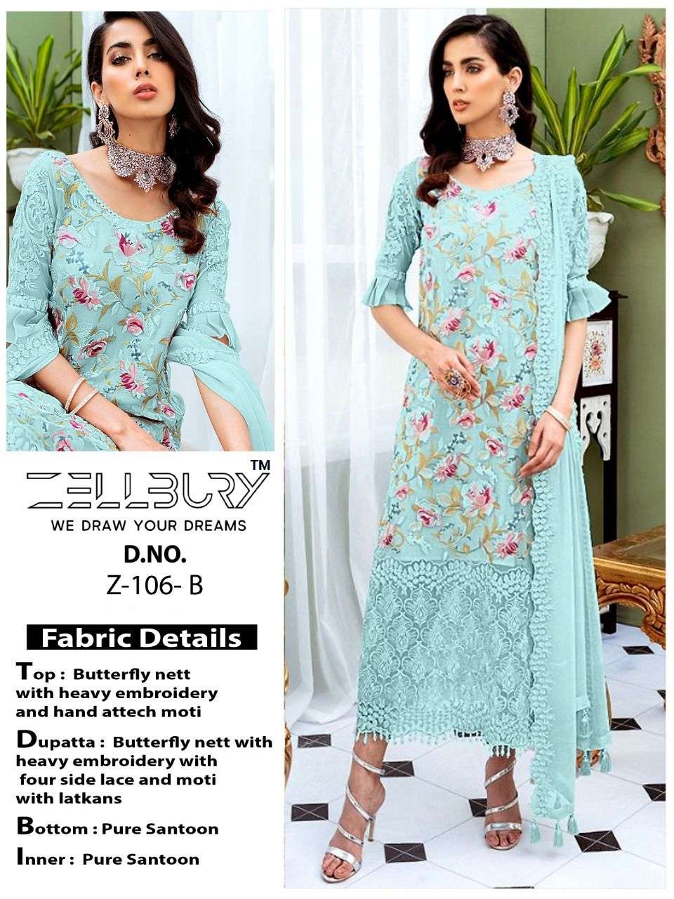 ZELLBURY 106 COLOURS BY ZELLBURY 106-A TO 106-D SERIES DESIGNER FESTIVE PAKISTANI SUITS COLLECTION BEAUTIFUL STYLISH FANCY COLORFUL PARTY WEAR & OCCASIONAL WEAR HEAVY NET WITH EMBROIDERED DRESSES AT WHOLESALE PRICE