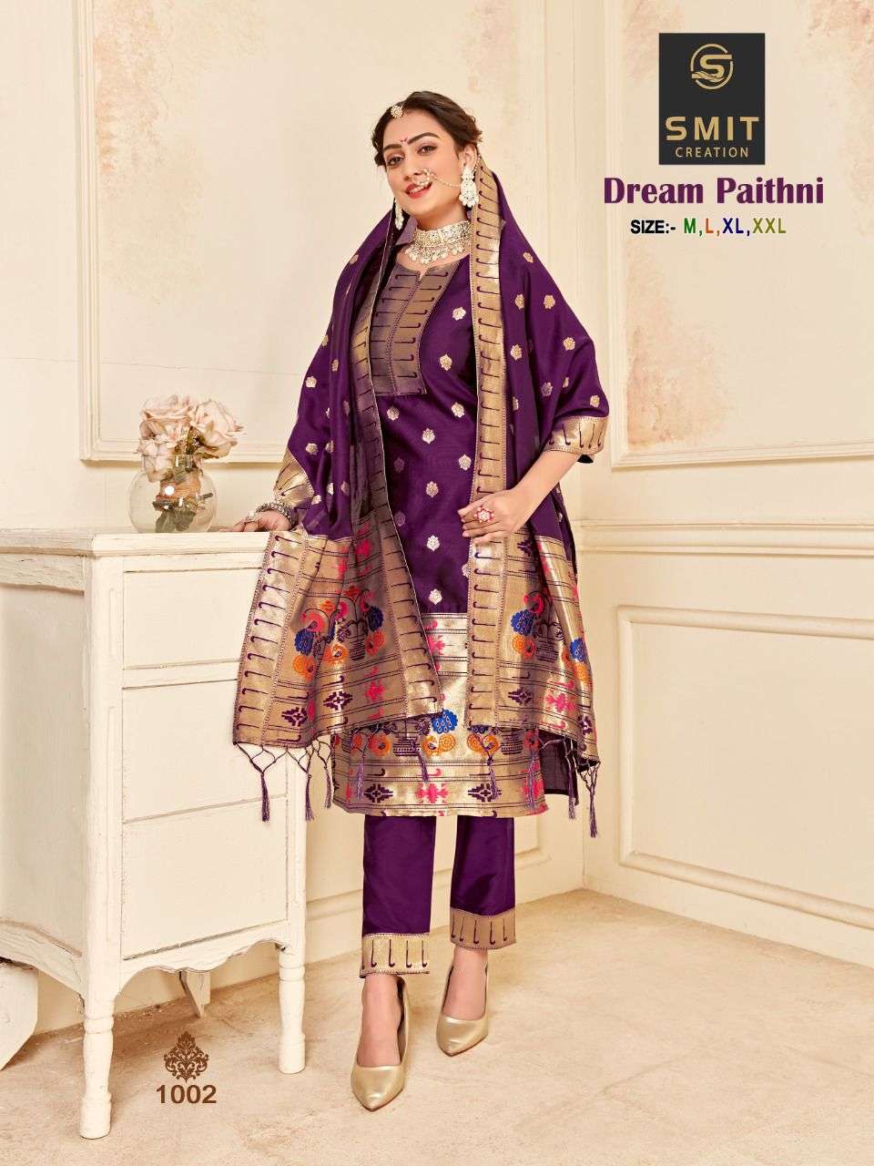 DREAM PAITHNI BY SMIT CREATION 1001 TO 1006 SERIES BEAUTIFUL STYLISH SUITS FANCY COLORFUL CASUAL WEAR & ETHNIC WEAR & READY TO WEAR PURE SILK PRINTED DRESSES AT WHOLESALE PRICE