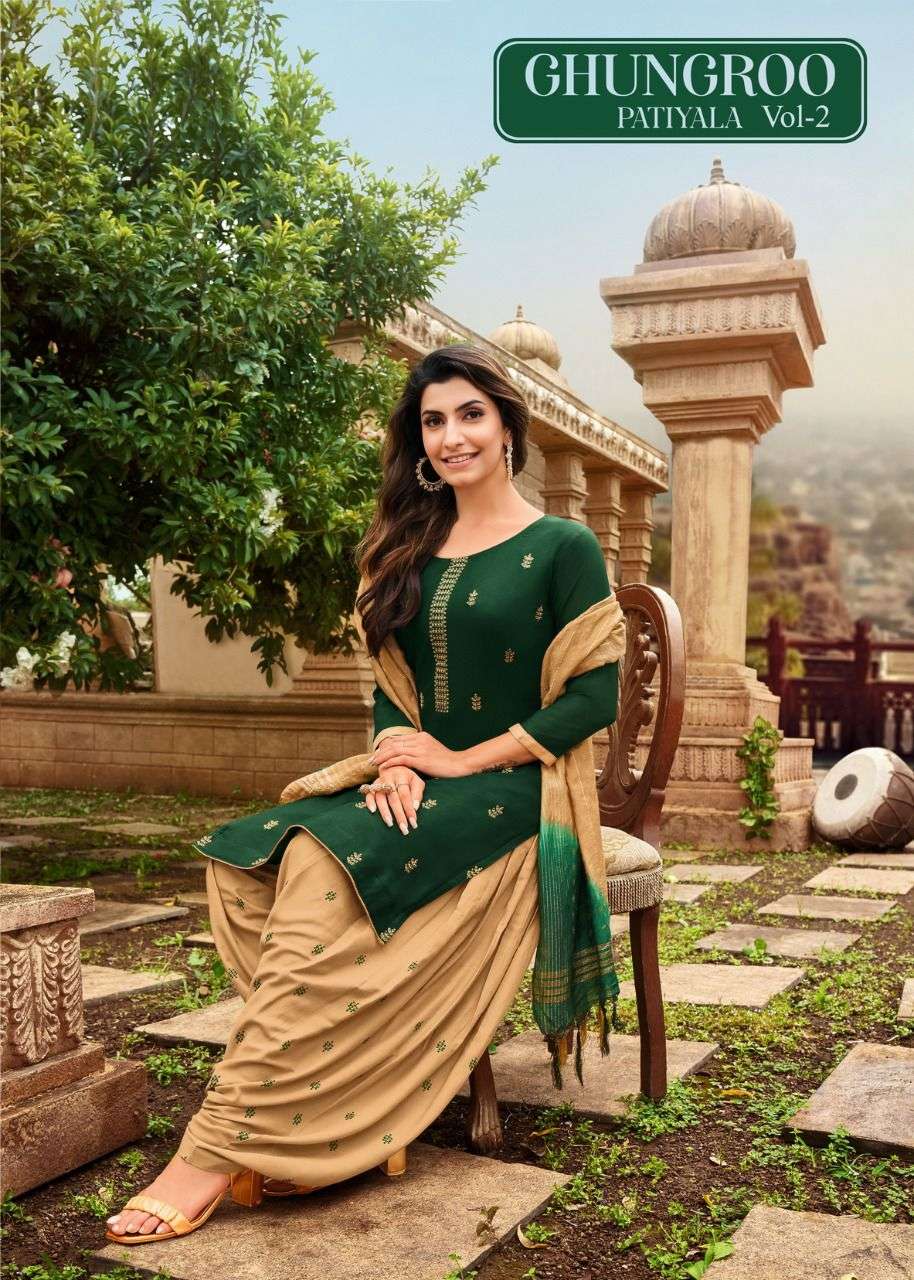 GHUNGROO PATIYALA VOL-2 BY ARTIO 57001 TO 57011 SERIES BEAUTIFUL STYLISH PATIYALA SUITS FANCY COLORFUL CASUAL WEAR & ETHNIC WEAR & READY TO WEAR RAYON WITH WORK DRESSES AT WHOLESALE PRICE