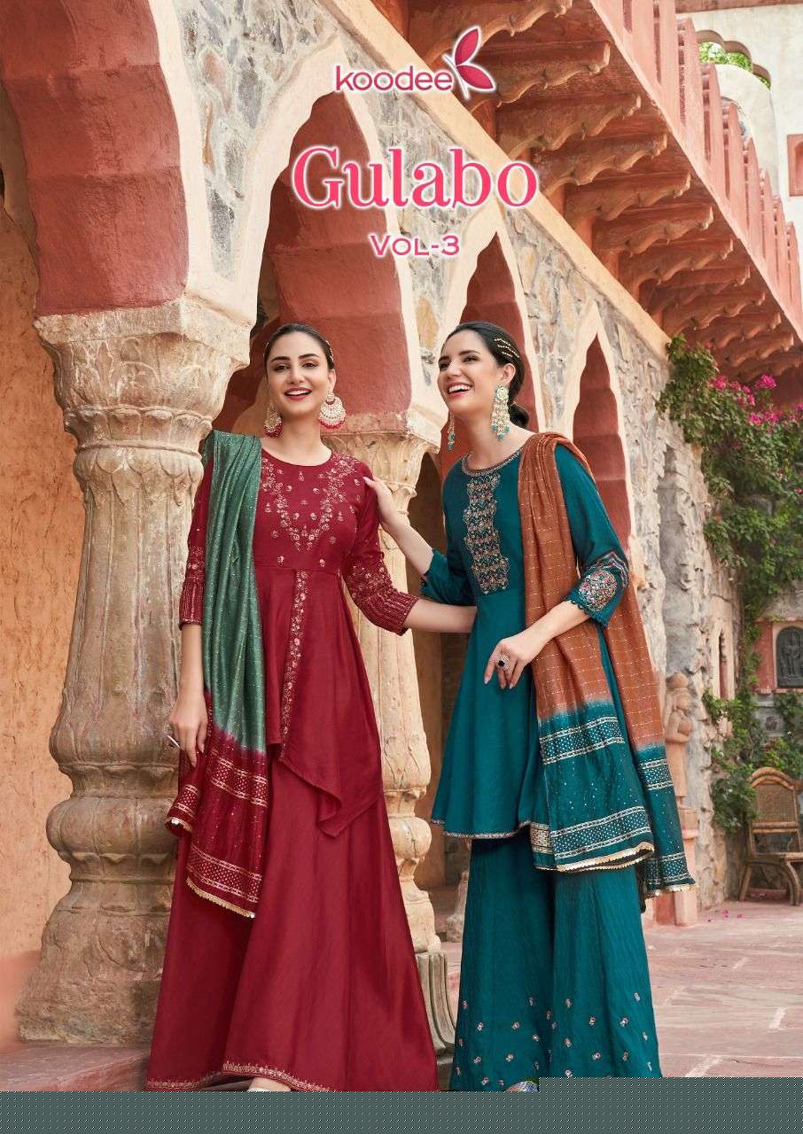 Gulabo Vol-3 By Koodee 1001 To 1006 Series Beautiful Sharara Suits Colorful Stylish Fancy Casual Wear & Ethnic Wear Viscose Strip Dresses At Wholesale Price