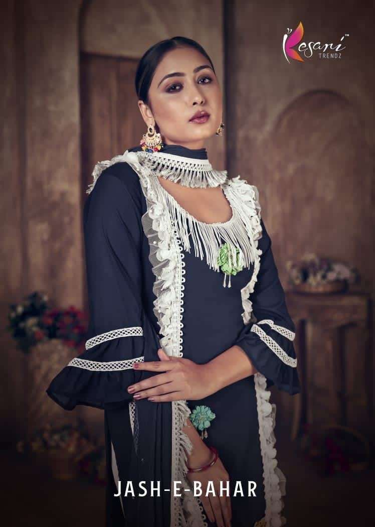 JASH E BAHAR BY KESARI TRENDZ 1001 TO 1003 SERIES BEAUTIFUL STYLISH SUITS FANCY COLORFUL CASUAL WEAR & ETHNIC WEAR & READY TO WEAR HEAVY GEORGETTE DRESSES AT WHOLESALE PRICE