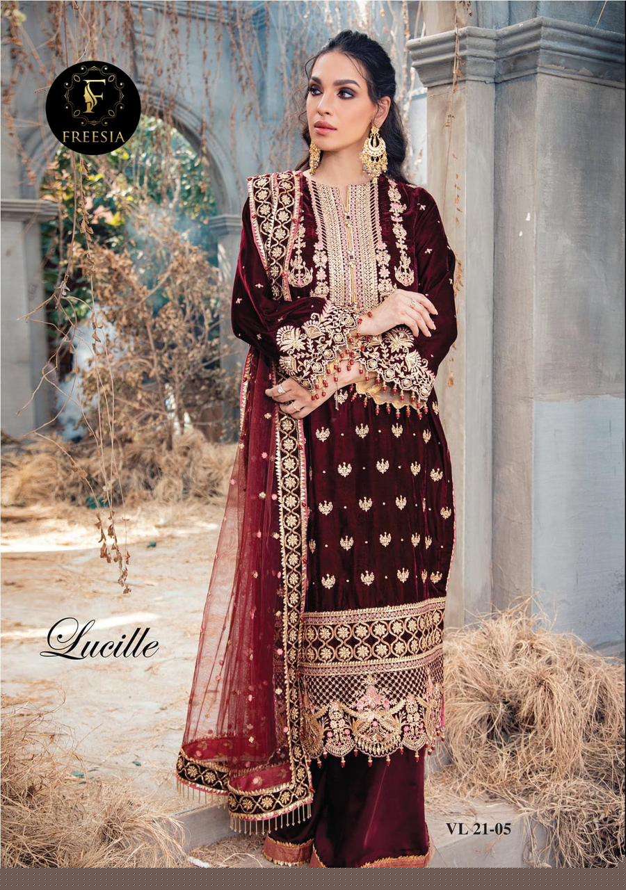 LUCILLE BY FREESIA DESIGNER PAKISTANI SUITS BEAUTIFUL STYLISH FANCY COLORFUL PARTY WEAR & OCCASIONAL WEAR PURE VELVET EMBROIDERED DRESSES AT WHOLESALE PRICE