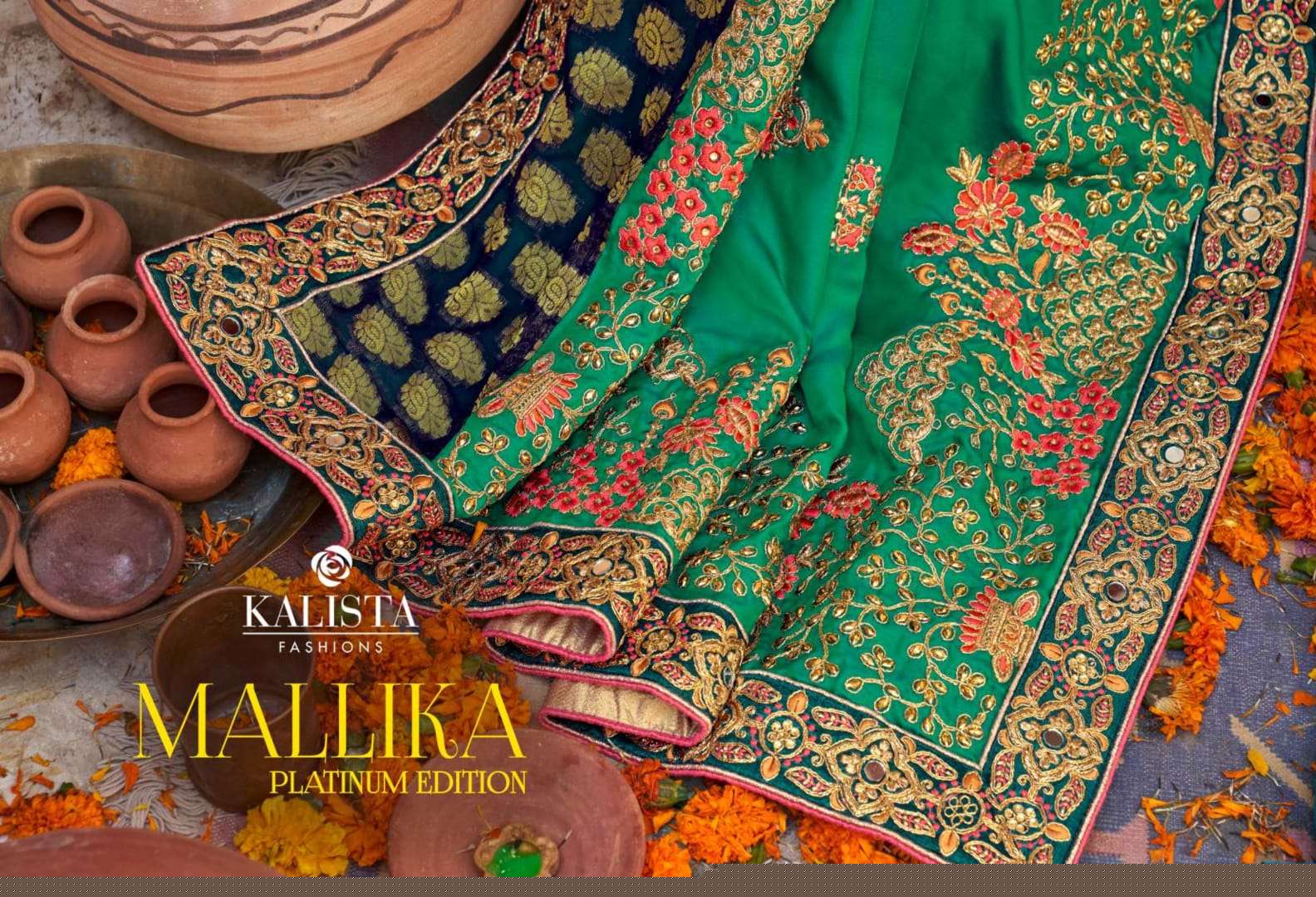 MALLIKA PLATINUM EDITION BY KALISTA FASHION 57612 TO 57617 SERIES INDIAN TRADITIONAL WEAR COLLECTION BEAUTIFUL STYLISH FANCY COLORFUL PARTY WEAR & OCCASIONAL WEAR VISCOSE SILK SAREES AT WHOLESALE PRICE