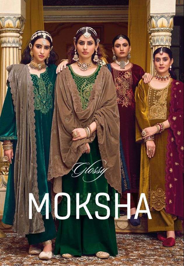 MOKSHA BY GLOSSY 8901 TO 8906 SERIES BEAUTIFUL STYLISH SUITS FANCY COLORFUL CASUAL WEAR & ETHNIC WEAR & READY TO WEAR PURE VELVET EMBROIDERED DRESSES AT WHOLESALE PRICE