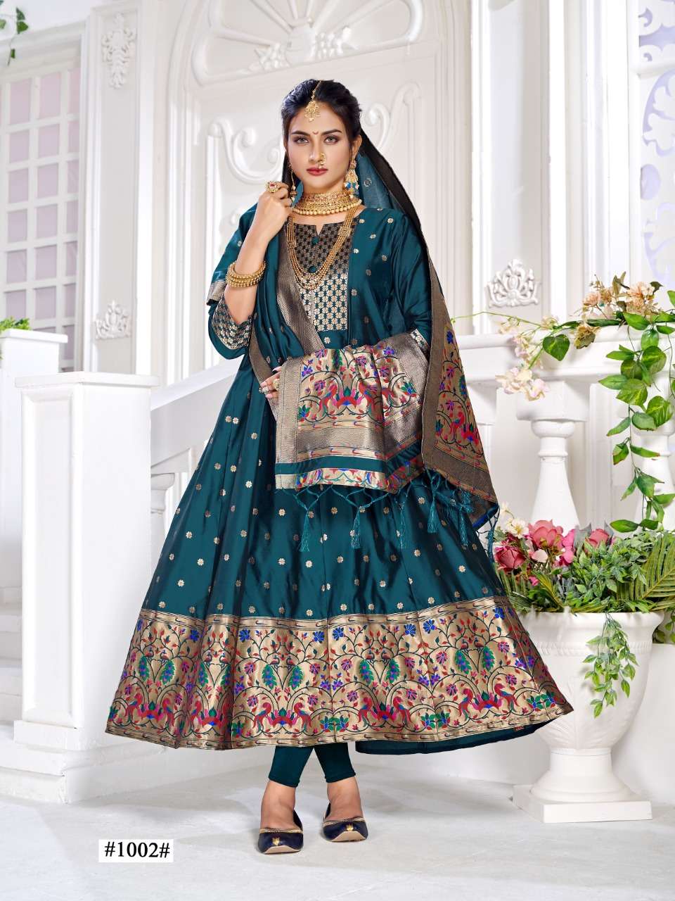 PAITHNI GOWN BY SMIT CREATION 1001 TO 1006 SERIES BEAUTIFUL STYLISH FANCY COLORFUL CASUAL WEAR & ETHNIC WEAR PATETA SILK GOWNS WITH DUPATTA AT WHOLESALE PRICE