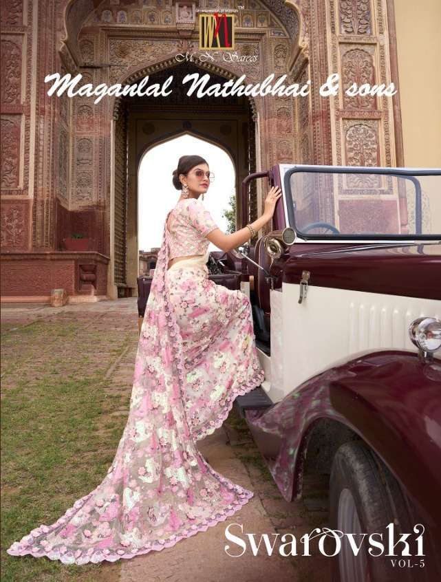 Swarovski Vol-5 By M.N. Sarees 6501 To 6512 Series Indian Traditional Beautiful Stylish Designer Banarasi Silk Jacquard Embroidered Party Wear Net Sarees At Wholesale Price