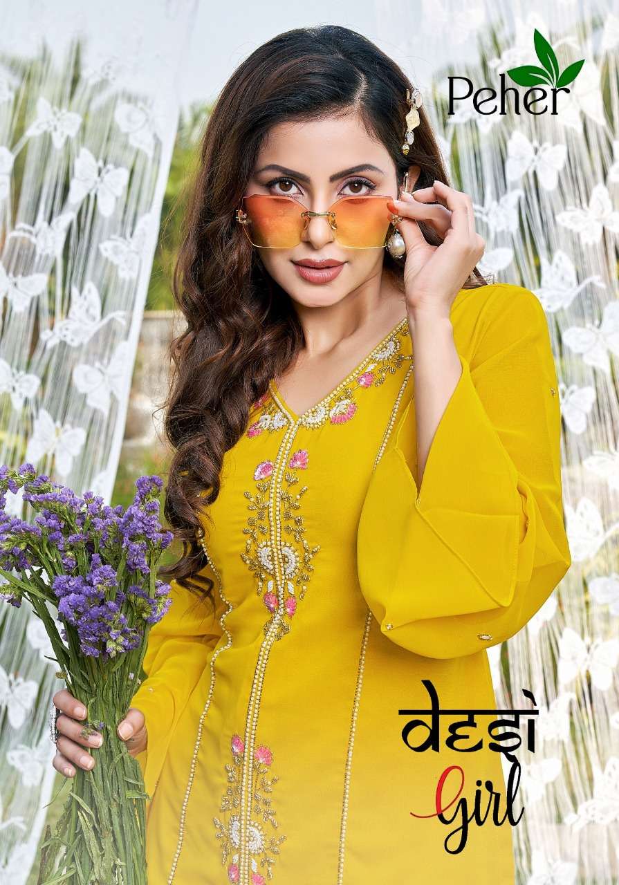 DESI GIRL BY PEHER 1032 TO 1036 SERIES BEAUTIFUL COLORFUL STYLISH FANCY CASUAL WEAR & READY TO WEAR GEORGETTE TOPS WITH BOTTOM AT WHOLESALE PRICE