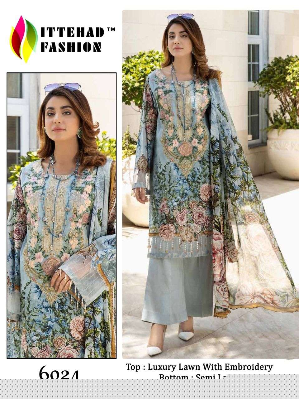 ITTEHAD 6023 SERIES BY ITTEHAD FASHION 6023 TO 6024 SERIES DESIGNER PAKISTANI SUITS BEAUTIFUL FANCY COLORFUL STYLISH PARTY WEAR & OCCASIONAL WEAR HEAVY LAWN PRINT DRESSES AT WHOLESALE PRICE