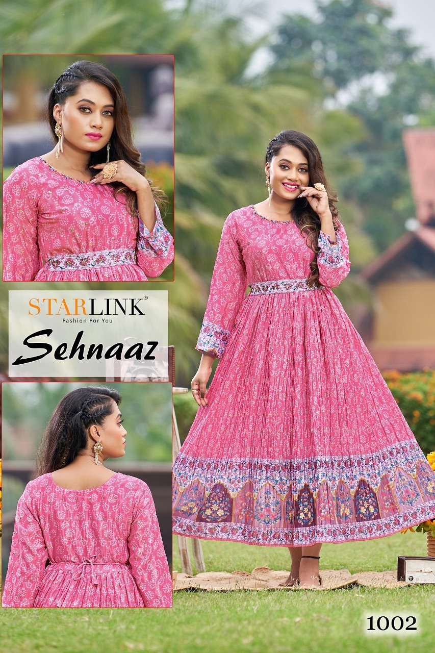SEHNAAZ BY STARLINK 1001 TO 1008 SERIES BEAUTIFUL STYLISH FANCY COLORFUL CASUAL WEAR & ETHNIC WEAR CHINNON PRINT GOWNS AT WHOLESALE PRICE