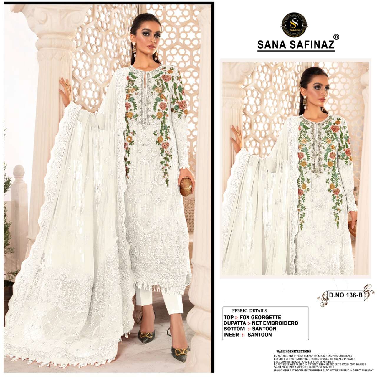 SANA SAFINAZ-136 COLOURS BY SANA SAFINAZ 136-A TO 136-D SERIES PAKISTANI STYLISH BEAUTIFUL COLOURFUL PRINTED & EMBROIDERED PARTY WEAR & OCCASIONAL WEAR FAUX GEORGETTE EMBROIDERED DRESSES AT WHOLESALE PRICE