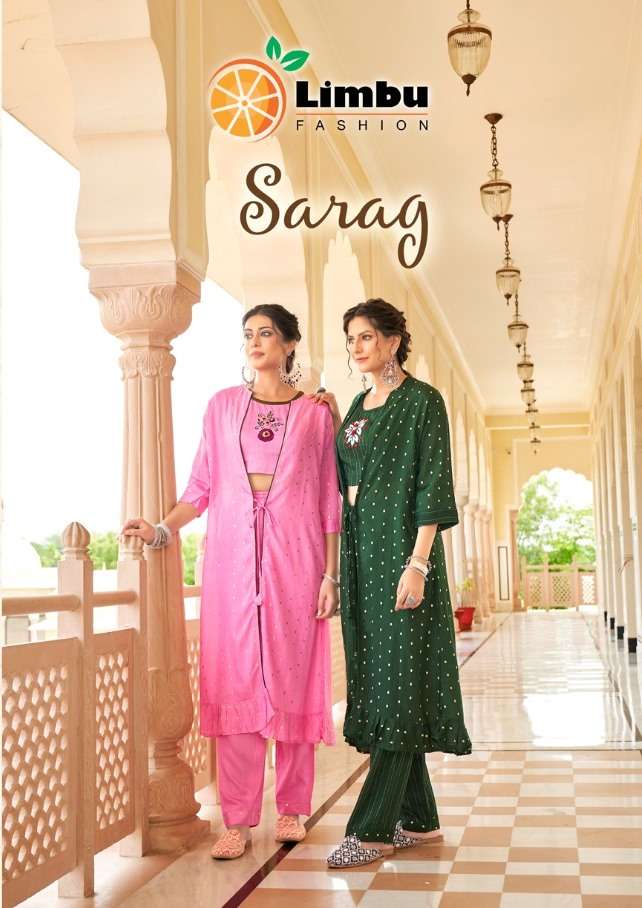 SARAG BY LIMBU FASHION 1001 TO 1005 SERIES BEAUTIFUL STYLISH FANCY COLORFUL CASUAL WEAR & ETHNIC WEAR DYBLE TOPS WITH BOTTOM AT WHOLESALE PRICE