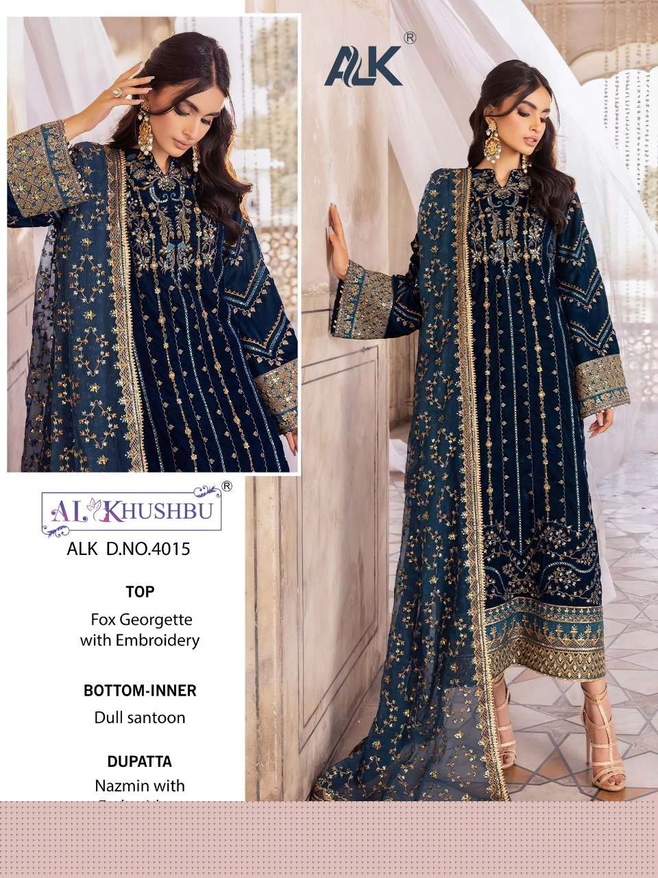 Al Khushbu Hit Design 4015 By Al Khushbu Beautiful Pakistani Suits Colorful Stylish Fancy Casual Wear & Ethnic Wear Faux Georgette Embroidered Dresses At Wholesale Price