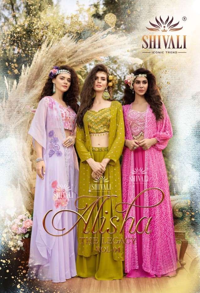 ALISHA THE LEGACY VOL-4 BY SHIVALI 1001 TO 1006 SERIES BEAUTIFUL STYLISH FANCY COLORFUL CASUAL WEAR & ETHNIC WEAR FANCY TOPS WITH BOTTOM AT WHOLESALE PRICE