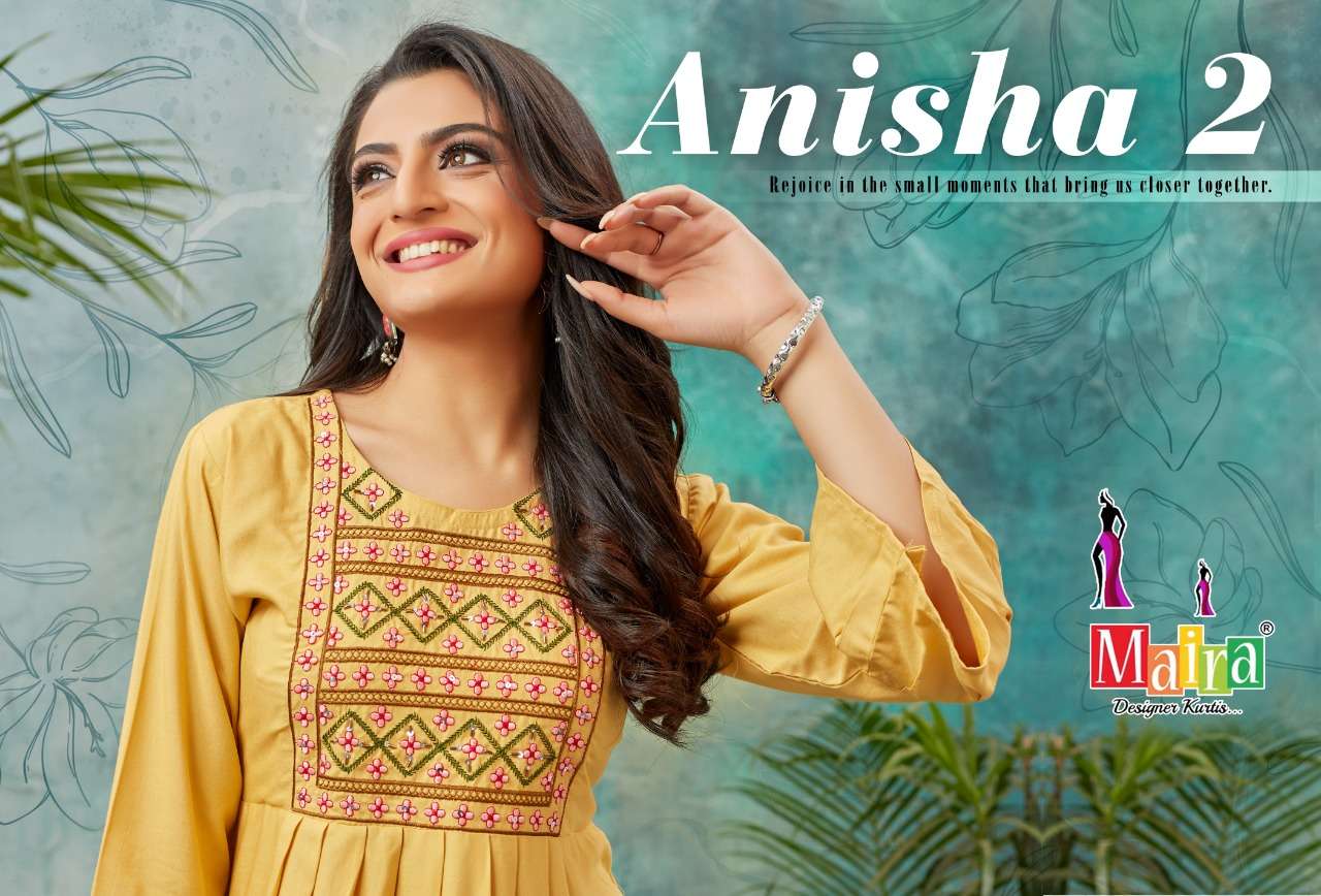 ANISHA VOL-2 BY MAIRA 201 TO 208 SERIES BEAUTIFUL STYLISH FANCY COLORFUL CASUAL WEAR & ETHNIC WEAR RAYON TOPS AT WHOLESALE PRICE