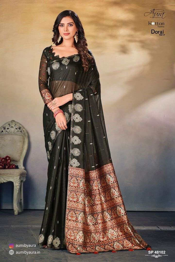 DORAI VOL-17 BY AURA 48101 TO 48106 SERIES INDIAN TRADITIONAL WEAR COLLECTION BEAUTIFUL STYLISH FANCY COLORFUL PARTY WEAR & OCCASIONAL WEAR COTTON SAREES AT WHOLESALE PRICE