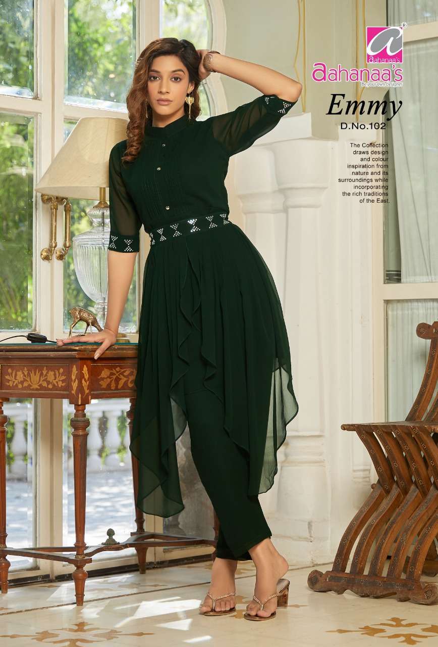 EMMY BY AAHANAAS 101 TO 105 SERIES DESIGNER STYLISH FANCY COLORFUL BEAUTIFUL PARTY WEAR & ETHNIC WEAR COLLECTION GEORGETTE TOPS WITH BOTTOM AT WHOLESALE PRICE
