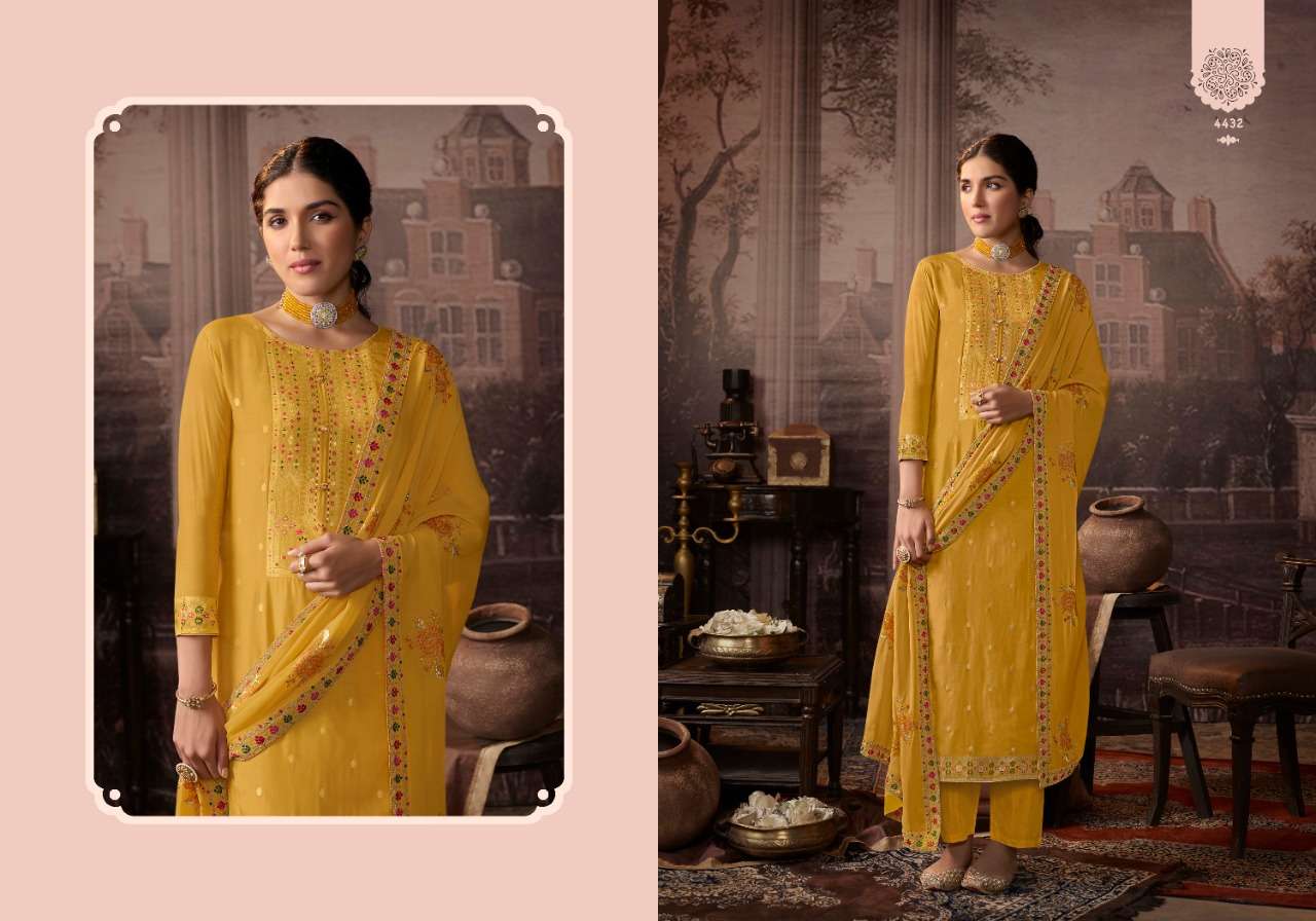 FALAK BY CHARMY 4431 TO 4436 SERIES BEAUTIFUL STYLISH SUITS FANCY COLORFUL CASUAL WEAR & ETHNIC WEAR & READY TO WEAR SILK JACQUARD DRESSES AT WHOLESALE PRICE