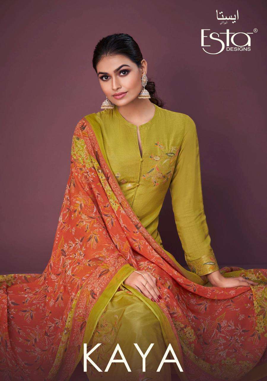 KAYA BY ESTA DESIGNS 1001 TO 1006 SERIES DESIGNER FESTIVE SUITS COLLECTION BEAUTIFUL STYLISH FANCY COLORFUL PARTY WEAR & OCCASIONAL WEAR MUSLIN JACQUARD DRESSES AT WHOLESALE PRICE
