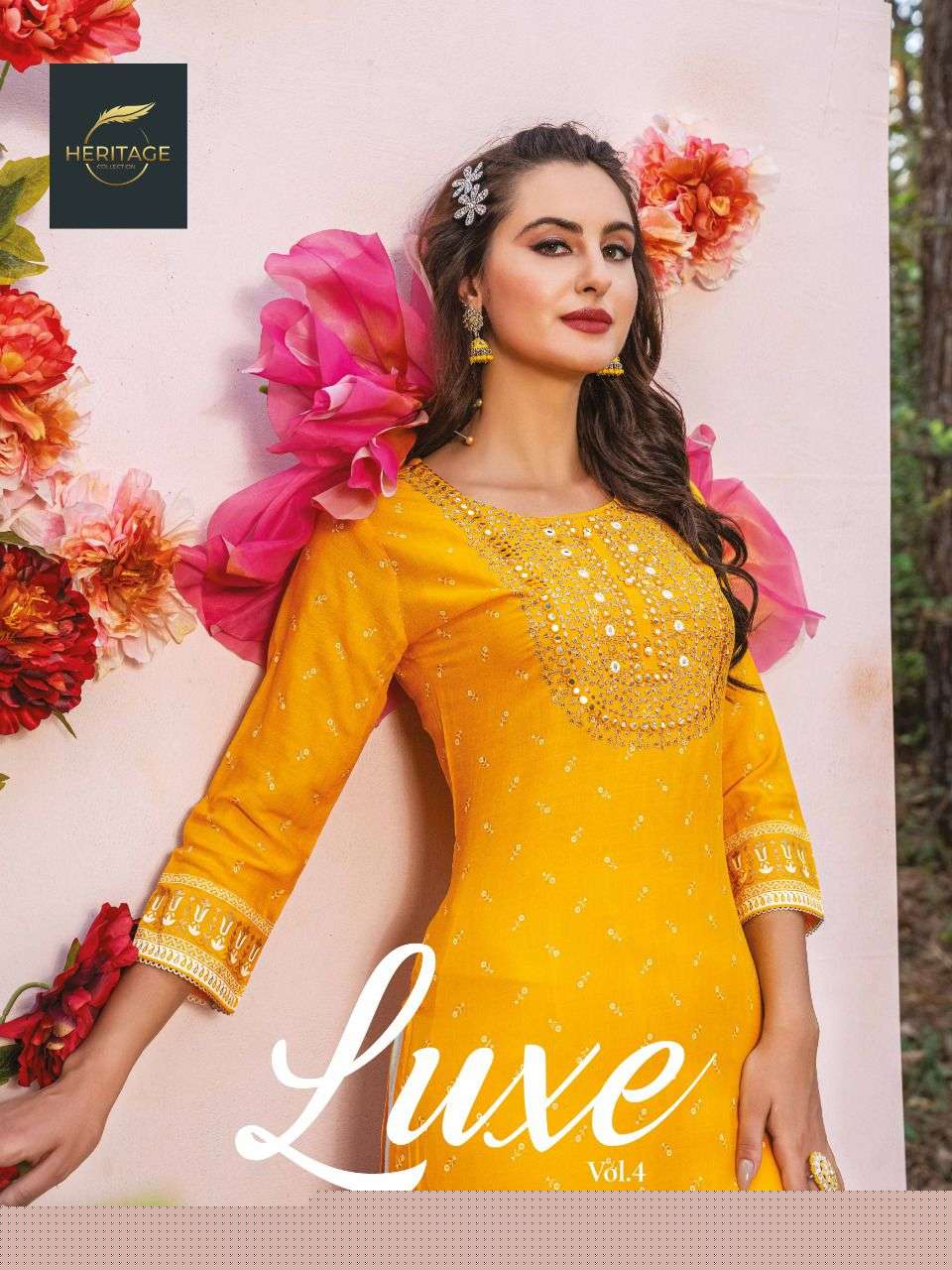 LUXE VOL-4 BY HERITAGE 401 TO 406 SERIES DESIGNER STYLISH FANCY COLORFUL BEAUTIFUL PARTY WEAR & ETHNIC WEAR COLLECTION PURE RAYON KURTIS WITH BOTTOM AT WHOLESALE PRICE