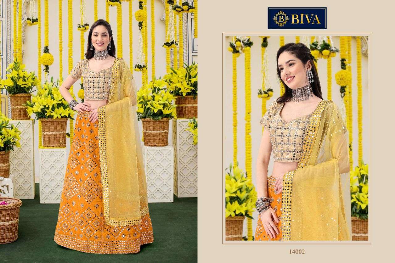 MONALISAA VOL-4 BY BIVA 14001 TO 14004 SERIES INDIAN TRADITIONAL BEAUTIFUL STYLISH DESIGNER BANARASI SILK JACQUARD EMBROIDERED PARTY WEAR ORGANZA SILK LEHENGAS AT WHOLESALE PRICE