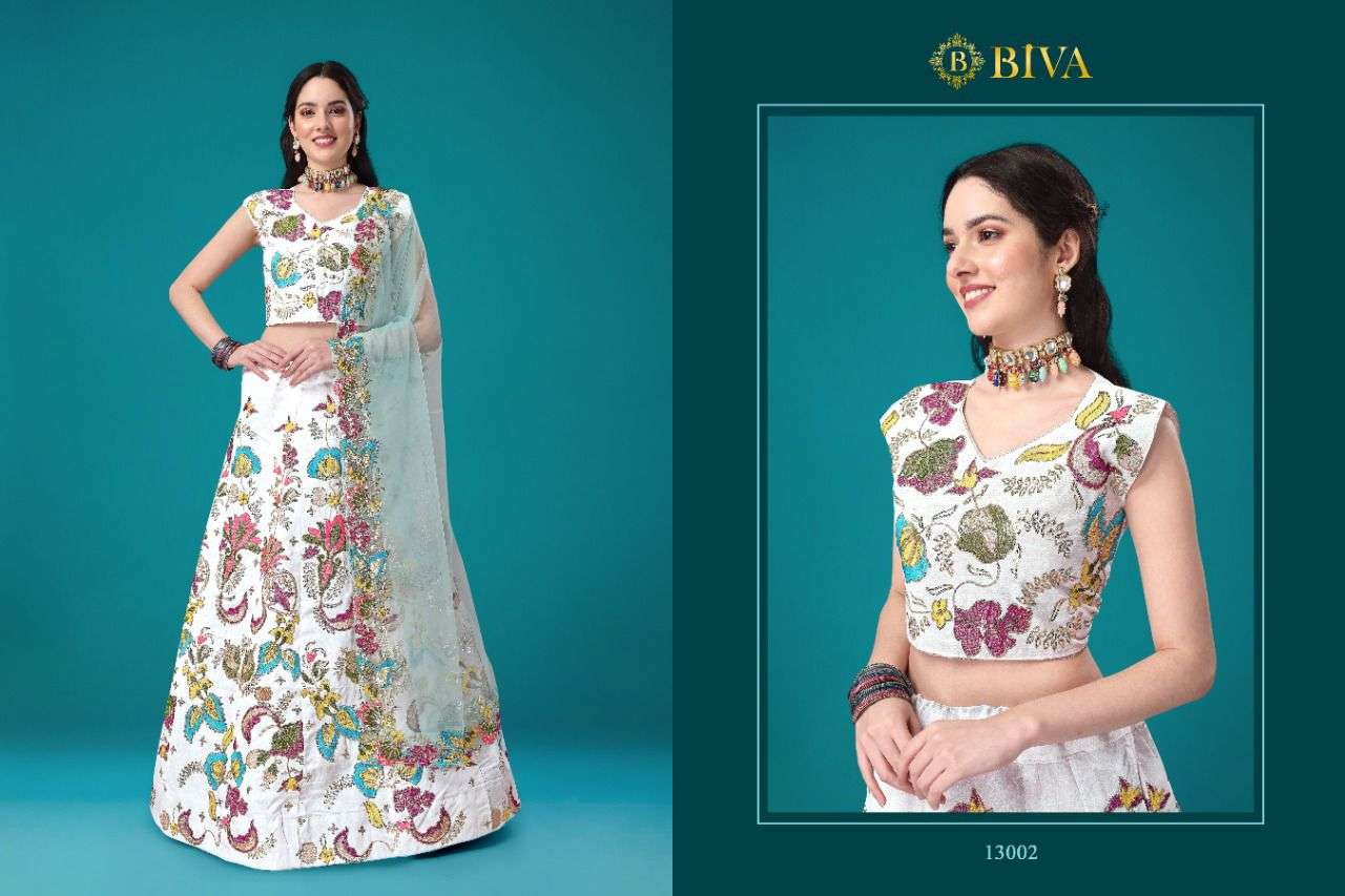 MONALISAA VOL-3 BY BIVA 13001 TO 13005 SERIES INDIAN TRADITIONAL BEAUTIFUL STYLISH DESIGNER BANARASI SILK JACQUARD EMBROIDERED PARTY WEAR SATIN SILK LEHENGAS AT WHOLESALE PRICE