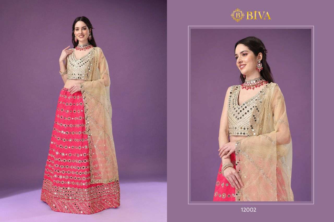 MONALISAA VOL-2 BY BIVA 12001 TO 12003 SERIES INDIAN TRADITIONAL BEAUTIFUL STYLISH DESIGNER BANARASI SILK JACQUARD EMBROIDERED PARTY WEAR MONO NET LEHENGAS AT WHOLESALE PRICE