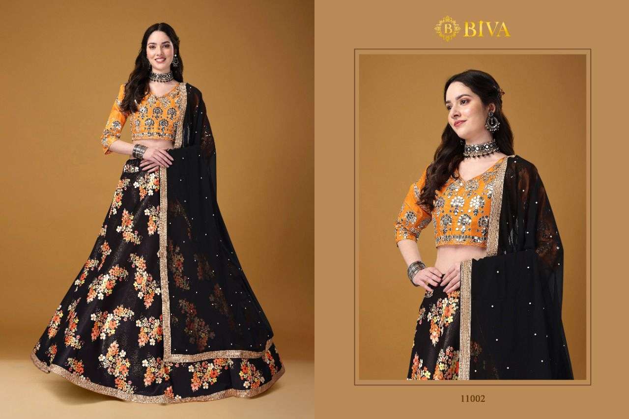 MONALISAA VOL-1 BY BIVA 11001 TO 11007 SERIES INDIAN TRADITIONAL BEAUTIFUL STYLISH DESIGNER BANARASI SILK JACQUARD EMBROIDERED PARTY WEAR SATIN SILK LEHENGAS AT WHOLESALE PRICE