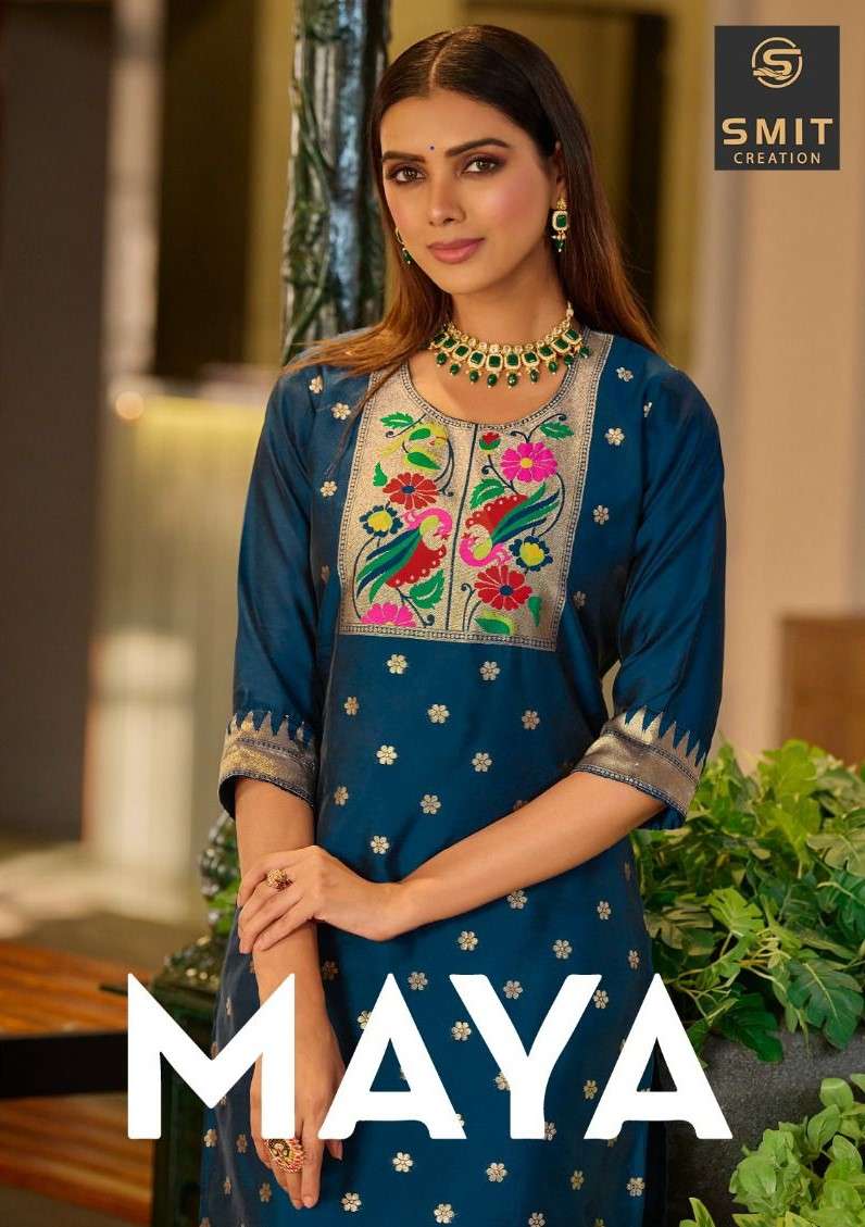 MAYA BY SMIT CREATION SERIES 1001 A TO 1001 I STYLISH BEAUTIFUL COLOURFUL PRINTED & EMBROIDERED PARTY WEAR & OCCASIONAL WEAR PURE TAPELA WORK WITH EMBROIDERY DRESSES AT WHOLESALE PRICE