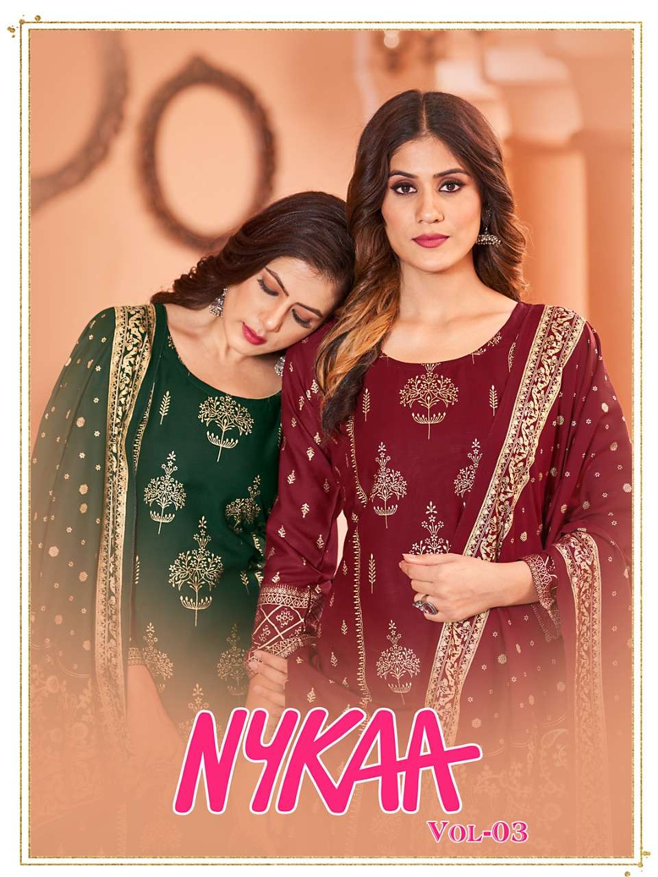NYKAA VOL-3 BY BANWERY FASHION 3001 TO 3006 SERIES BEAUTIFUL STYLISH SUITS FANCY COLORFUL CASUAL WEAR & ETHNIC WEAR & READY TO WEAR RAYON FOIL DRESSES AT WHOLESALE PRICE
