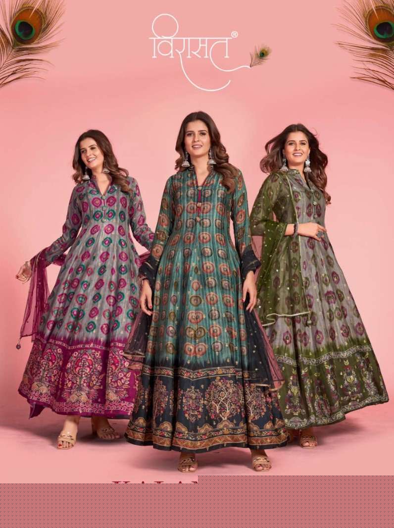 Kalamkari By Virasat 1001 To 1003 Series Beautiful Stylish Fancy Colorful Casual Wear & Ethnic Wear Pure Dola Silk Gowns With Dupatta At Wholesale Price