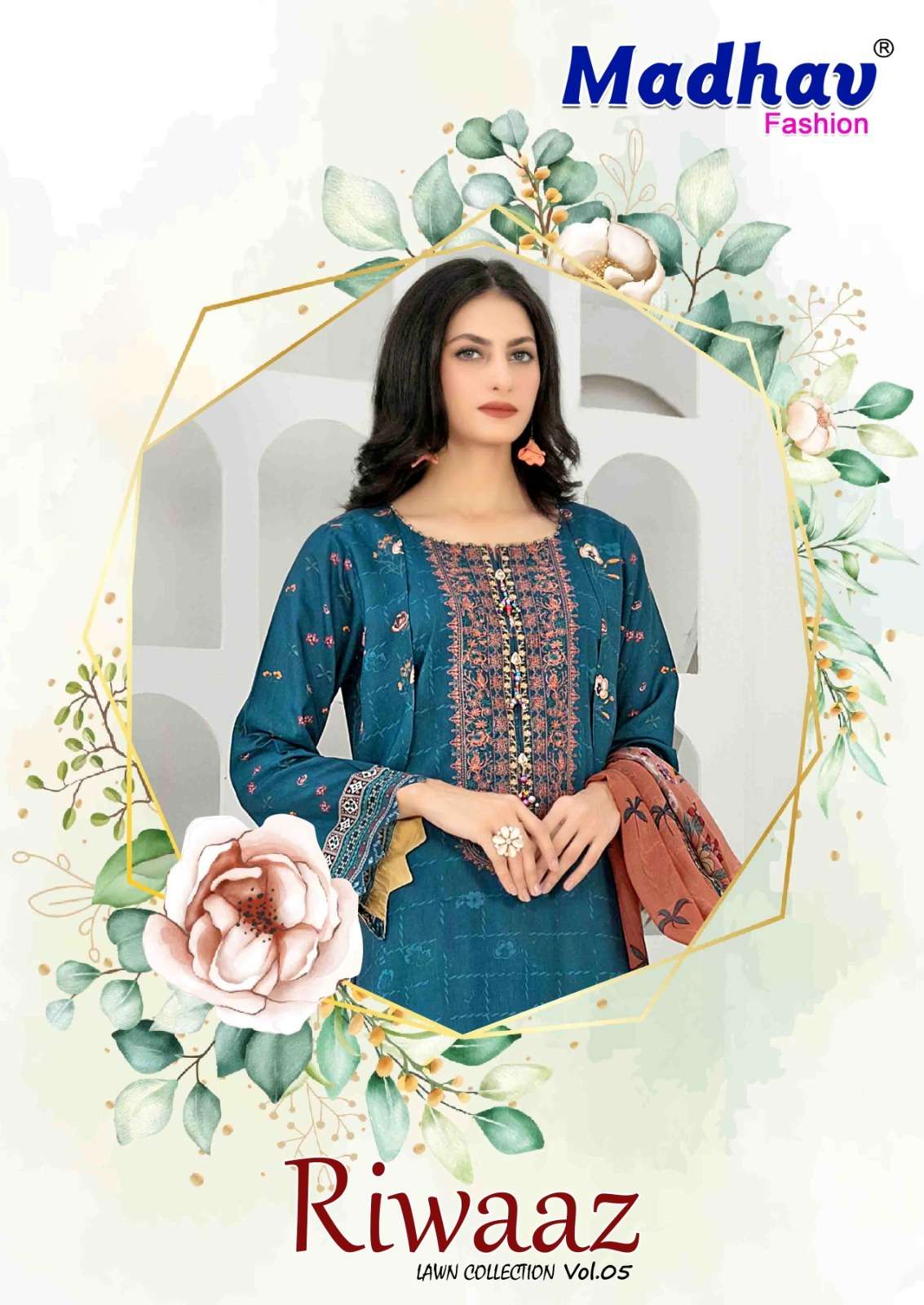Riwaaz Vol-5 By Madhav Fashion 5001 To 5006 Series Beautiful Stylish Suits Fancy Colorful Casual Wear & Ethnic Wear & Ready To Wear Pure Lawn Embroidered Dresses At Wholesale Price