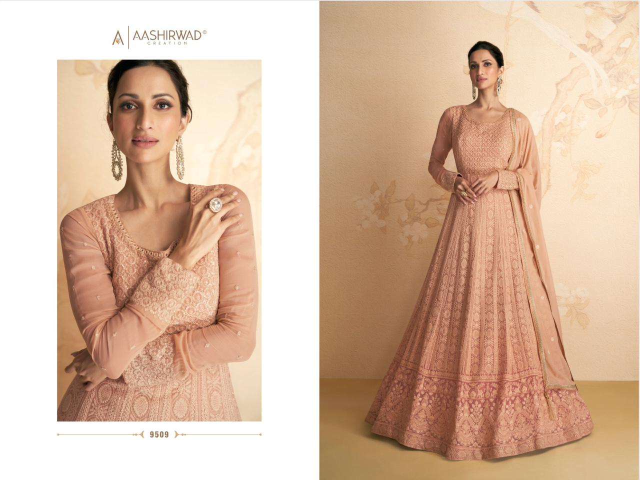Aashirwad Hit Design 9509 By Aashirwad Creation Beautiful Stylish Fancy Colorful Casual Wear & Ethnic Wear Georgette Gowns With Dupatta At Wholesale Price