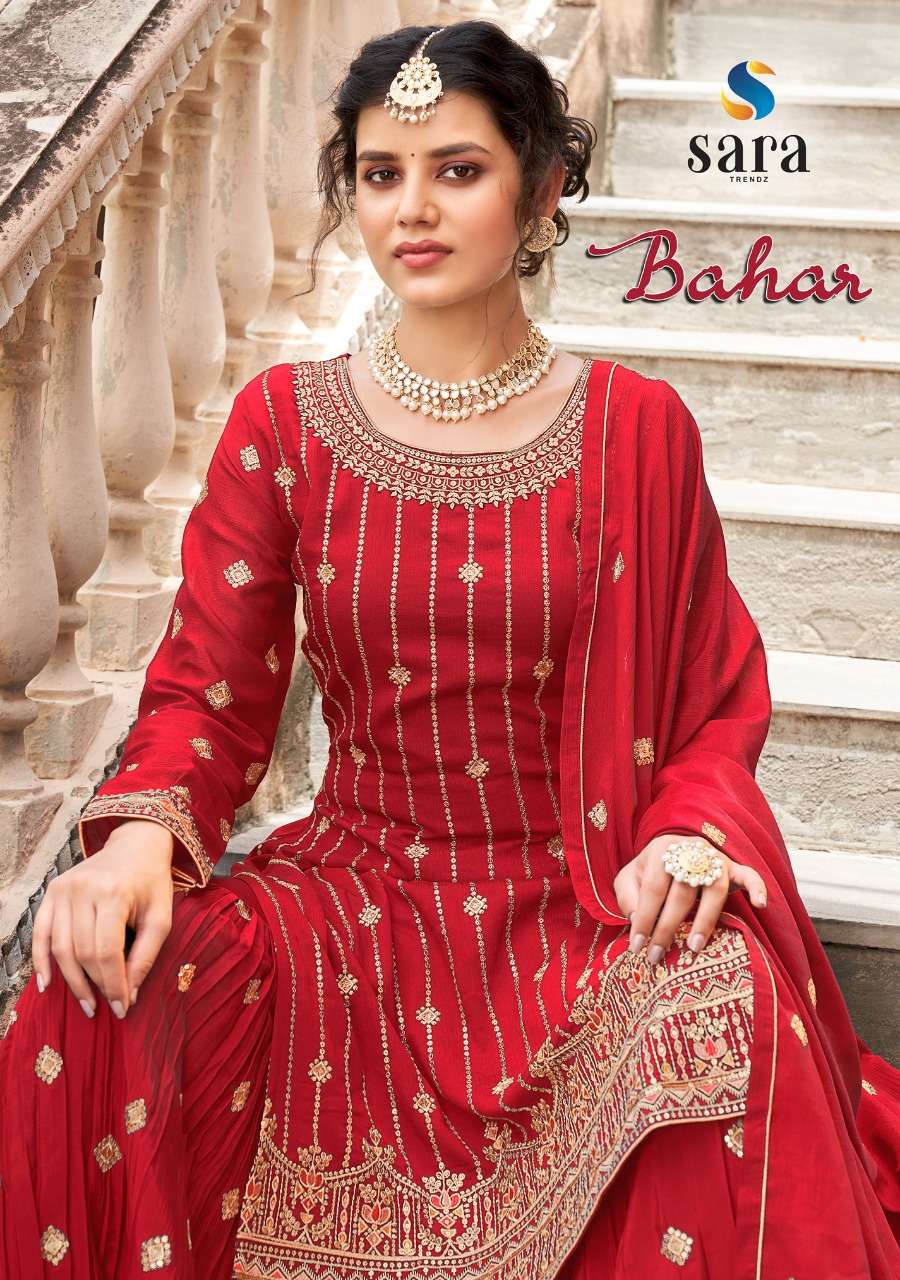 Bahar By Sara Trendz 3801 To 3804 Series Beautiful Stylish Sharara Suits Fancy Colorful Casual Wear & Ethnic Wear & Ready To Wear Heavy Chinnon Embroidered Dresses At Wholesale Price