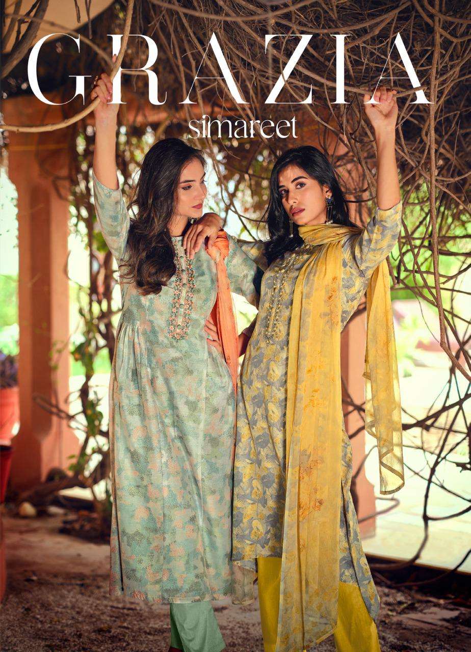 Grazia By Simareet 009 To 014 Series Designer Festive Suits Collection Beautiful Stylish Colorful Fancy Party Wear & Occasional Wear Muslin Digital Print Dresses At Wholesale Price
