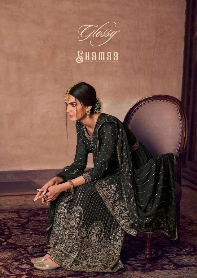 Shamaa By Glossy 449 To 453 Series Designer Sharara Suits Collection Beautiful Stylish Colorful Fancy Party Wear & Occasional Wear Pure Chinnon Dresses At Wholesale Price