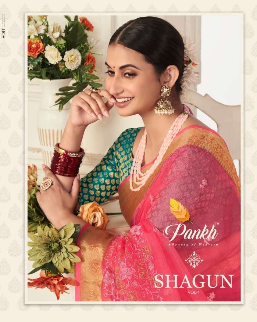 Shagun Vol-1 By Pankh Creation 5001 To 5009 Indian Traditional Wear Collection Beautiful Stylish Fancy Colorful Party Wear & Occasional Wear Organza Sarees At Wholesale Price