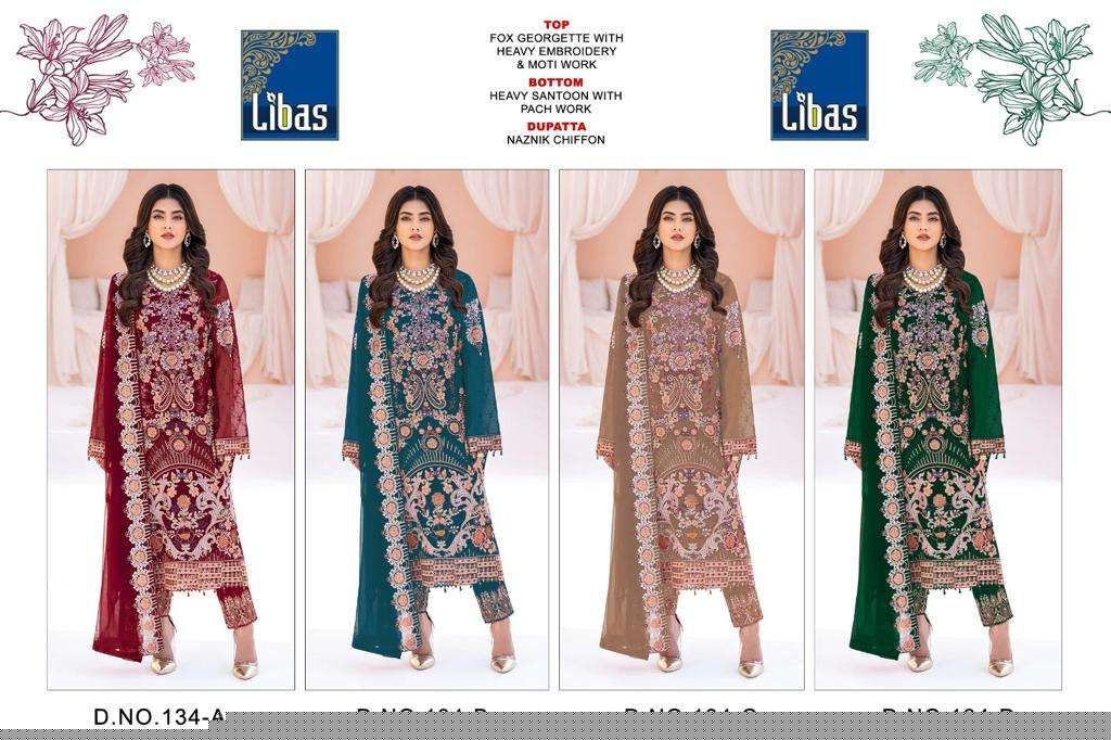 Libas 134 By Libas 134-A To 134-D Series Beautiful Stylish Pakistani Suits Fancy Colorful Casual Wear & Ethnic Wear & Ready To Wear Faux Georgette Embroidered Dresses At Wholesale Price