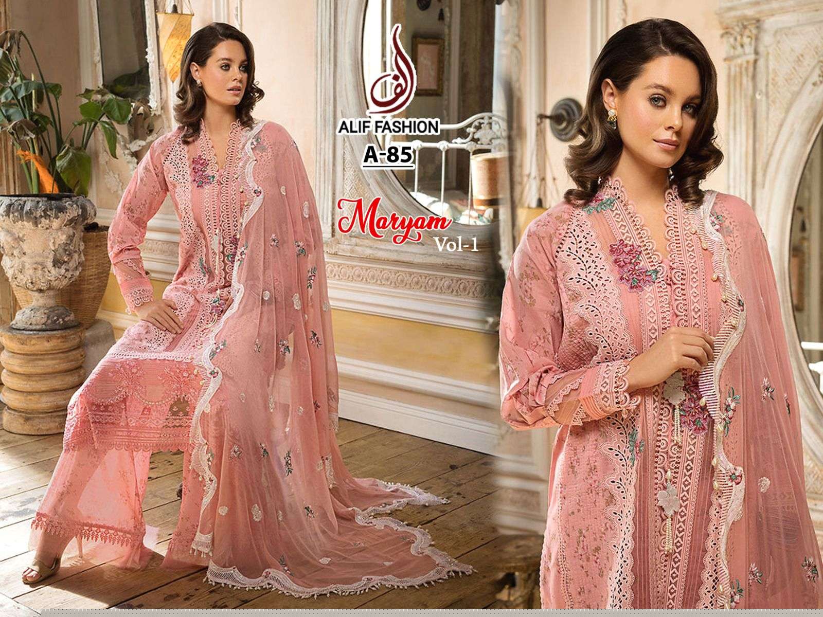 Maryam Vol-1 By Alif Fashion 84 To 85 Series Beautiful Pakistani Suits Stylish Colorful Fancy Casual Wear & Ethnic Wear Pure Cambric Cotton Embroidered Dresses At Wholesale Price