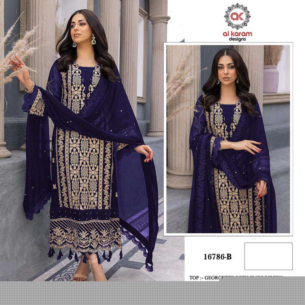 Al Karam 16786 Colours By Al Karam Designs 16786-A To 16786-E Series Beautiful Pakistani Suits Colorful Stylish Fancy Casual Wear & Ethnic Wear Heavy Georgette Embroidered Dresses At Wholesale Price