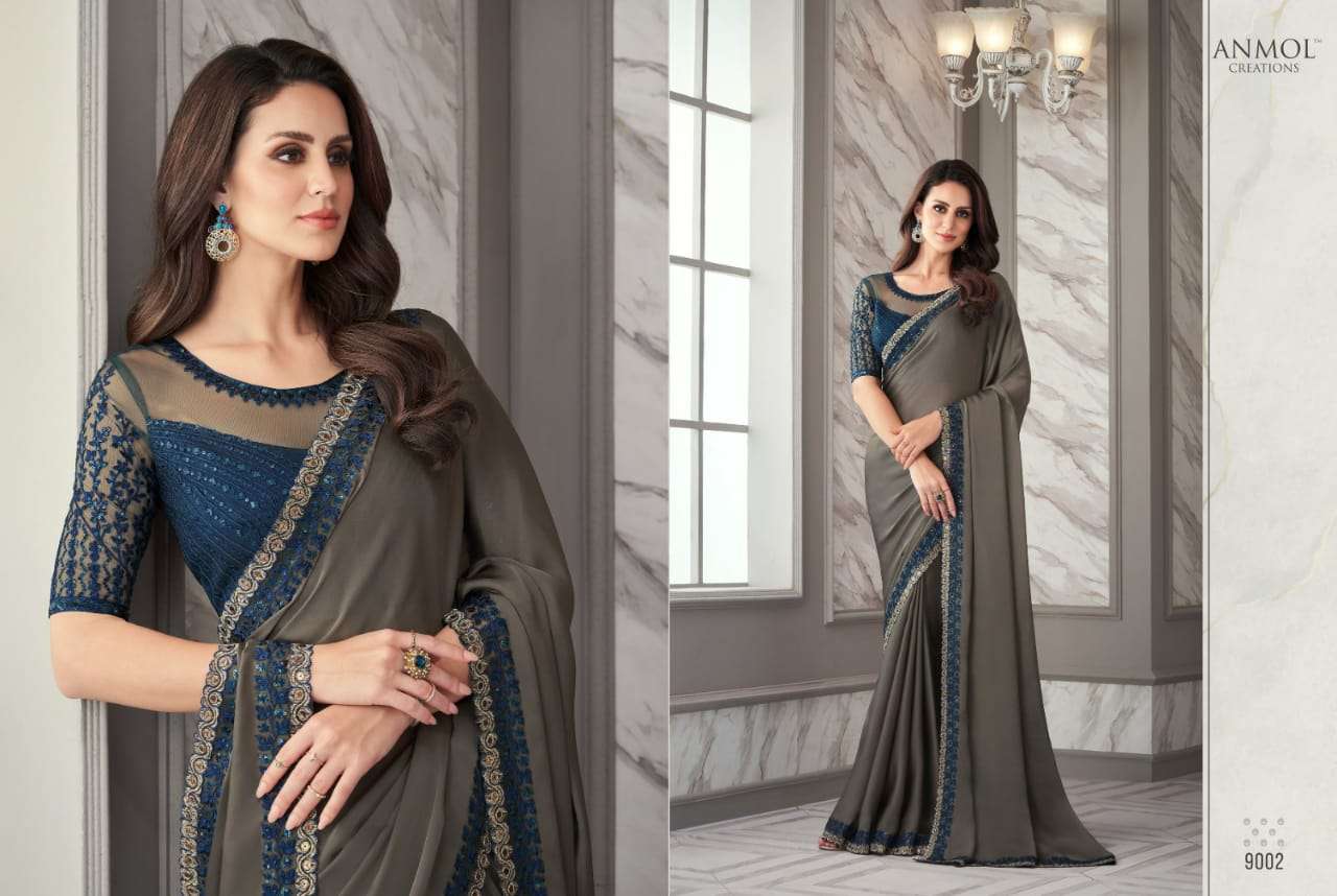 Exotique Vol-3 By Anmol Creation 9001 To 9016 Series Indian Traditional Wear Collection Beautiful Stylish Fancy Colorful Party Wear & Occasional Wear Georgette/Chiffon/Satin Silk Sarees At Wholesale Price