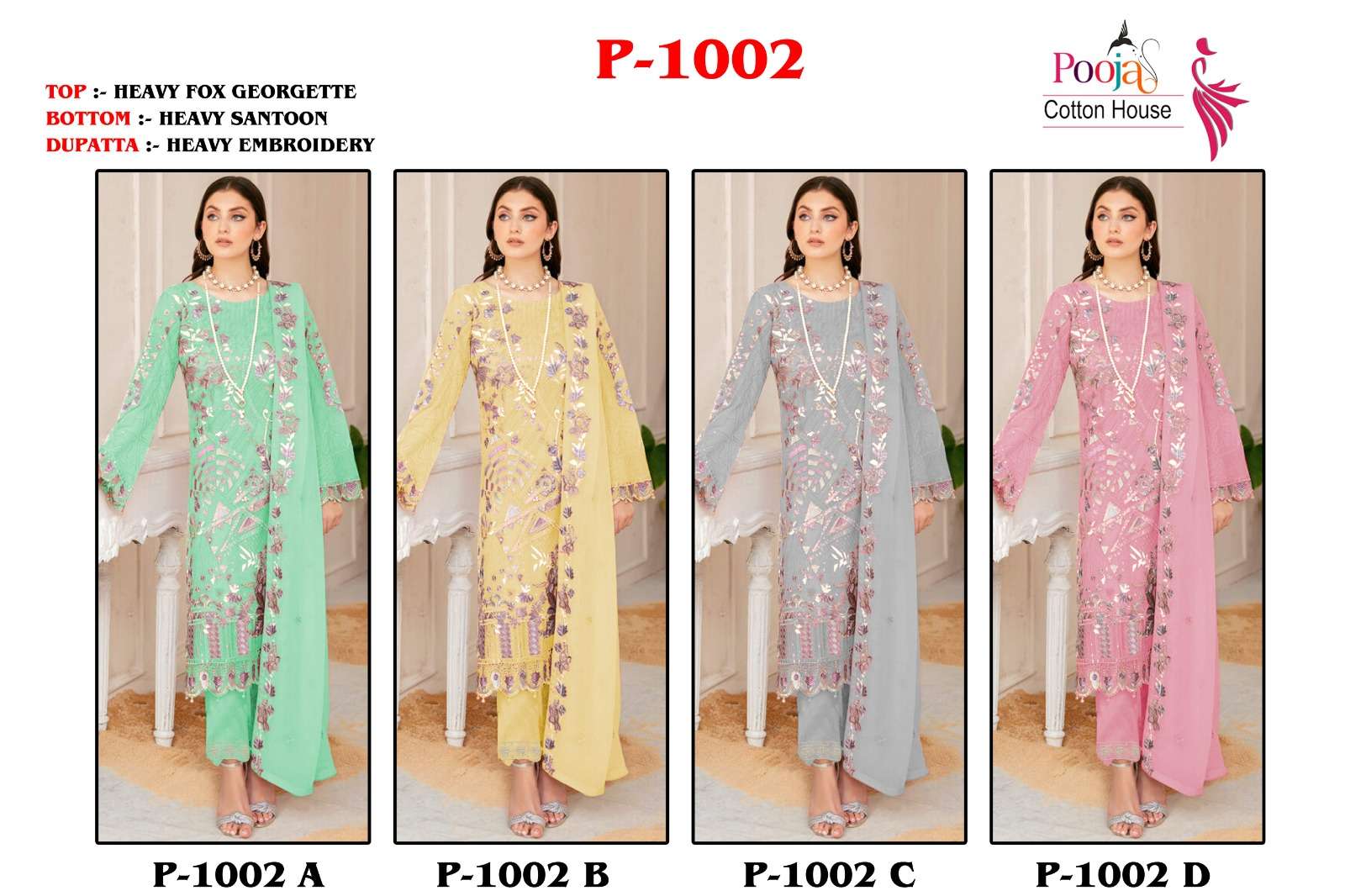 Pooja 1002 Colours By Pooja Cotton House 1002-A To 1002-D Series Beautiful Pakistani Suits Colorful Stylish Fancy Casual Wear & Ethnic Wear Faux Georgette Embroidered Dresses At Wholesale Price