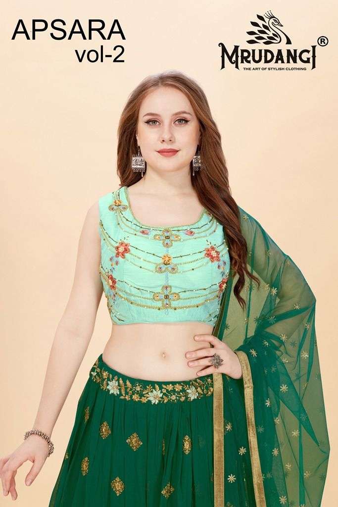 Apsara Vol-2 By Mrudangi 1018 To 1020 Series Indian Traditional Beautiful Stylish Designer Banarasi Silk Jacquard Embroidered Party Wear Satin/Georgette Lehengas At Wholesale Price