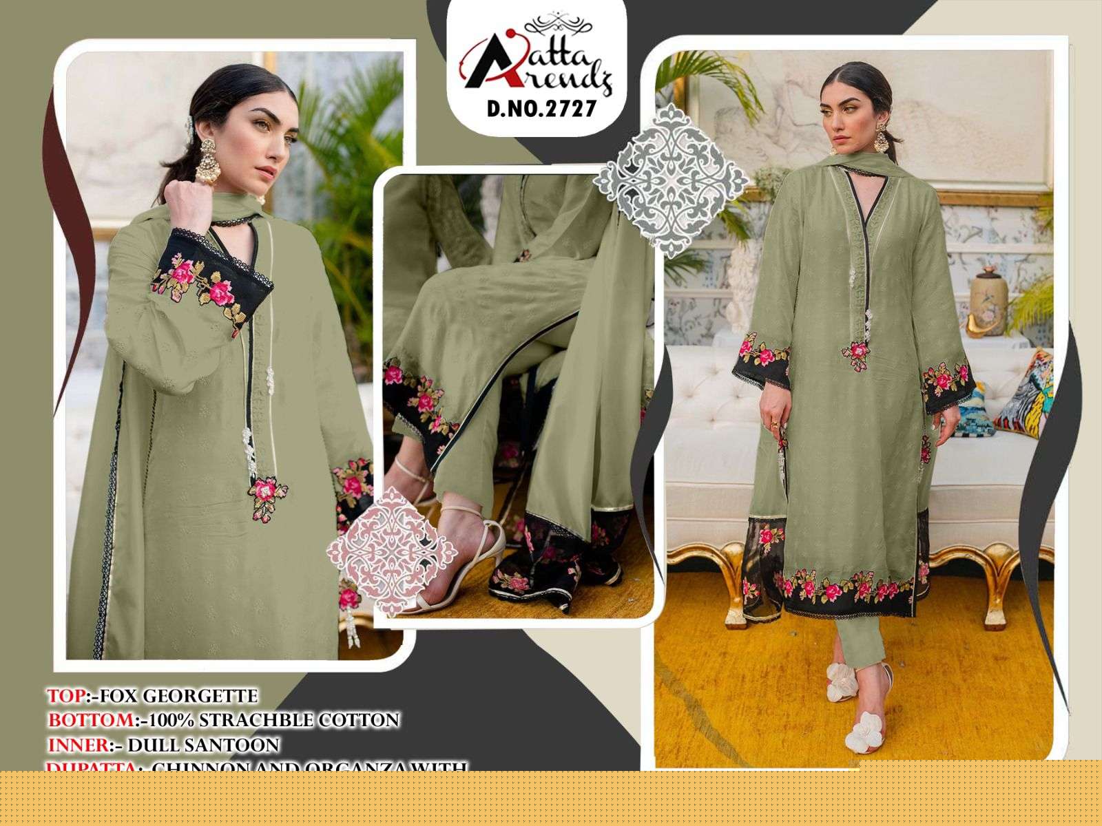 Atta Trendz 2727 Colours By Atta Trendz 2727-A To 2727-C Series Beautiful Pakistani Suits Colorful Stylish Fancy Casual Wear & Ethnic Wear Faux Georgette Embroidered Dresses At Wholesale Price