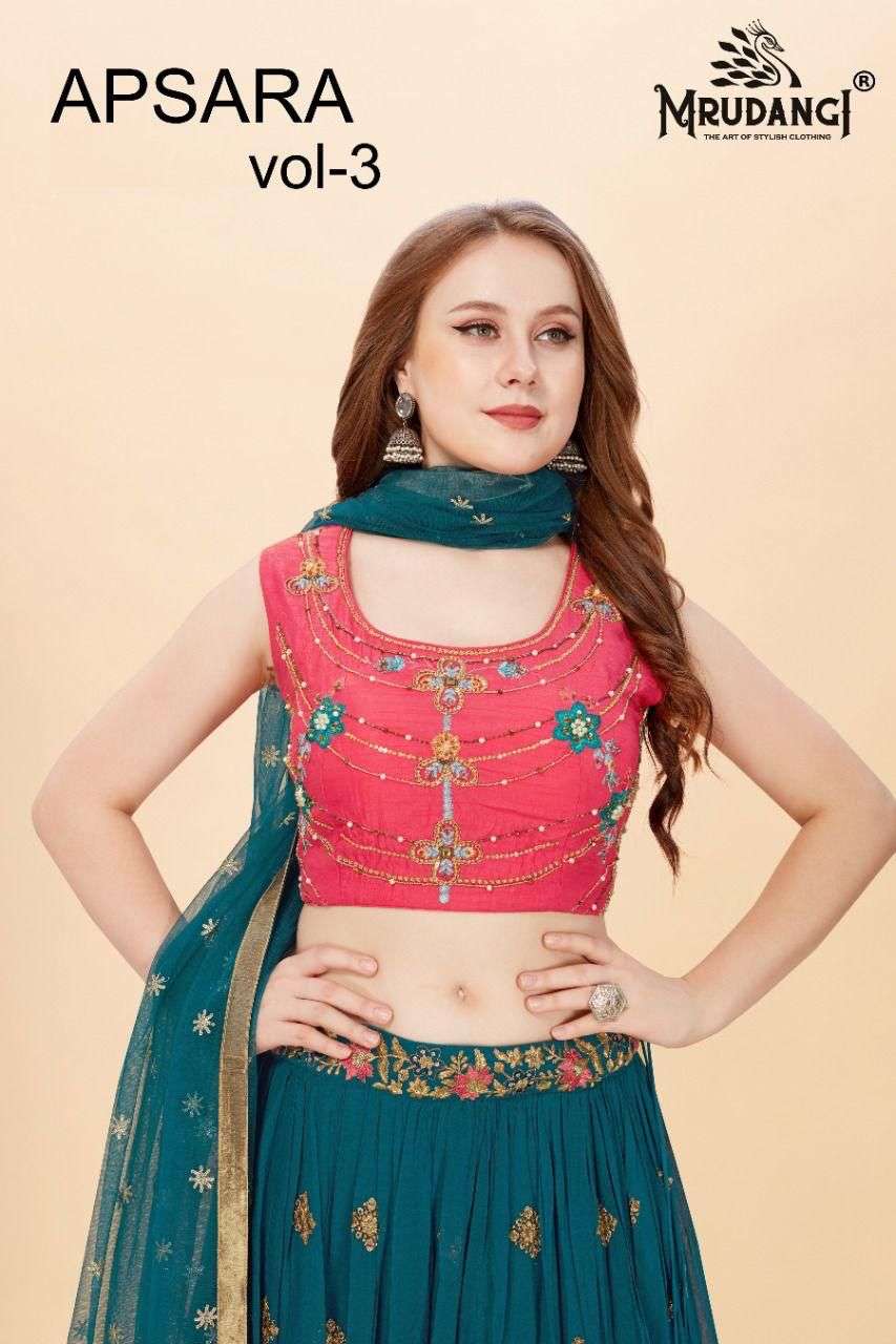 Apsara Vol-3 By Mrudangi 1021 To 1024 Series Indian Traditional Beautiful Stylish Designer Banarasi Silk Jacquard Embroidered Party Wear Georgette Lehengas At Wholesale Price